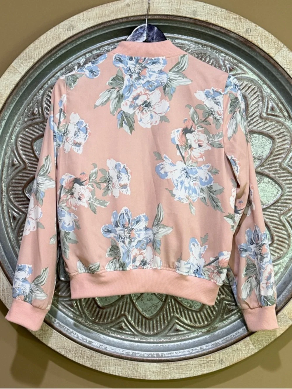 Sans Souci Blush Pink W Blue & White Floral Design Cropped Satin Bomber Jacket